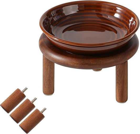 Elevated Ceramic Cat Dish, Wide Whisker Friendly Anti-Slip Food & Water Bowl with 2 Heights Adjustable Acacia Wooden Stand - Pet Bowl Set for Cats (1 Dish + 1 Stand, Caramel Brown)