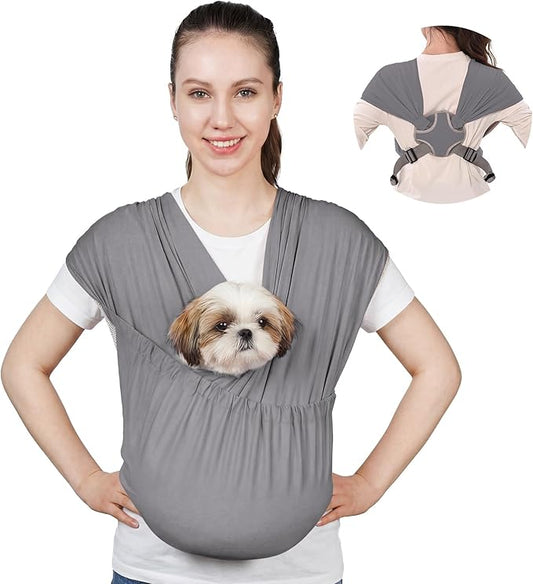 Supet Dog Sling Carrier for Small Pets, Hands Free Cat Sling, Reducing Back Neck Pain Anti-Anxiety Puppy Front, Adjustable Soft Dog Carrying (Grey, Regular 0-9 Lbs)