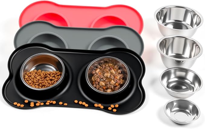 Medium Pet Feeding Station, 29oz Stainless Steel Dog Bowls Set, No Spill Food & Water Dishes with Non Slip Silicone Mat for Breeds Up to 55 Lbs,Black