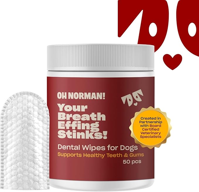 OH NORMAN! Dog Dental Wipes - Vet-Approved Pet Dental Finger Wipes for Oral Hygiene & Fresh Breath - Alternative to Finger Toothbrush for Dogs - No Fuss Dog Cleaning Supplies for Daily Use - 50 pcs