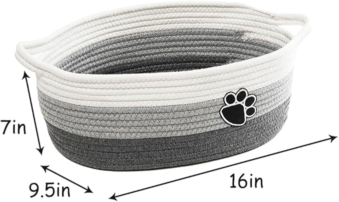 Small Woven Baskets for Organizing Rope Storage Basket with Handle Cute Cotton Basket for Nursery Gift Dog Toy Storage Bins for Toy Organizer Grey-white