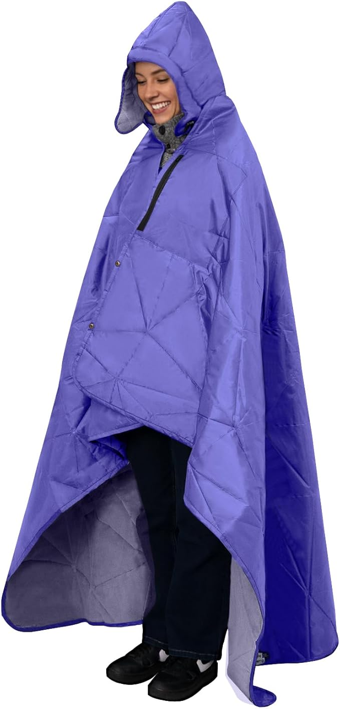 KawaGebo Kamp Outdoor Waterproof Blanket, Foldable Fleece Stadium Blanket for Outdoor Sports Event, Camping, Car, Pet, Picnics - Windproof, Wearable, Machine Washable 80" x 58" (Purple,Hooded)