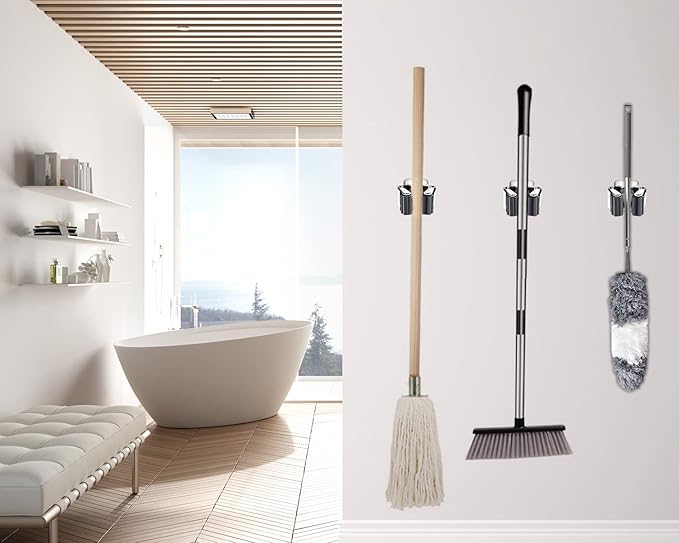 Verdenu 6 Pack Broom Holder Wall Mount, Mop and Broom Holder Wall Mount, Stainless Steel Command Broom Holder with Screws, Garden Tool Storage Organizer for Kitchen, Home, Bathroom, Garage, Grey