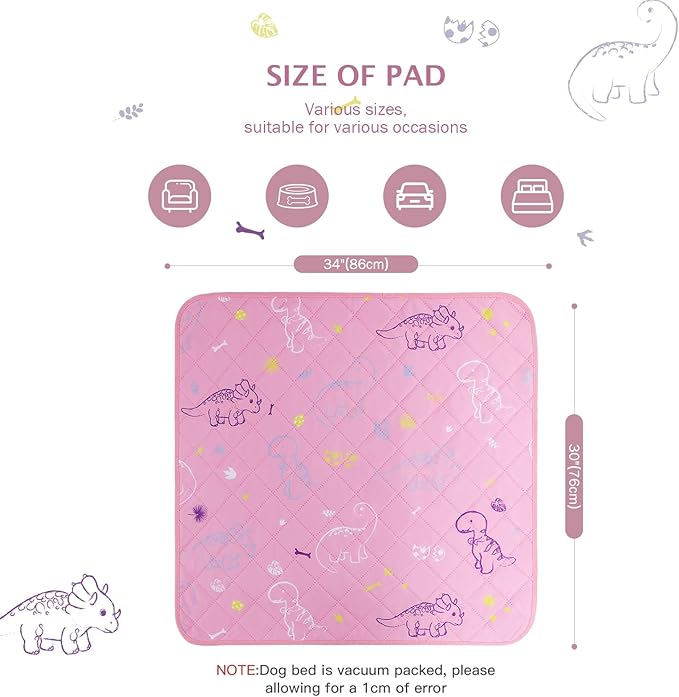 IEUUMLER Washable Pee Pads for Dogs, 2 Pack Non-Slip & Waterproof Whelping Pad, Reusable Puppy Potty Training With Fast Absorbent for Playpen EU007 (Pink Dinosaur, 30"X34"-2pcs)