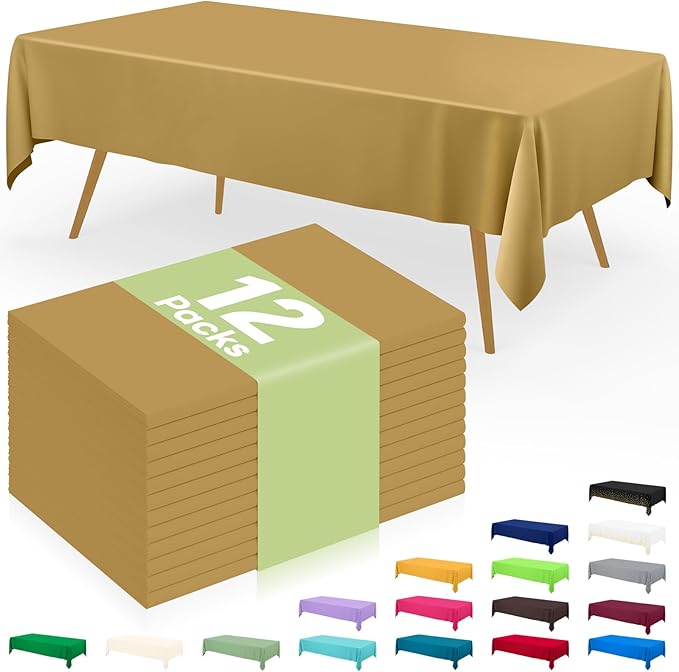 Smiry Disposable Table Cloth 12 Pack, 54 x 108 Inch Waterproof Plastic Tablecloth, Decorative Rectangle Table Covers for Party, Birthday, Picnic, Gold