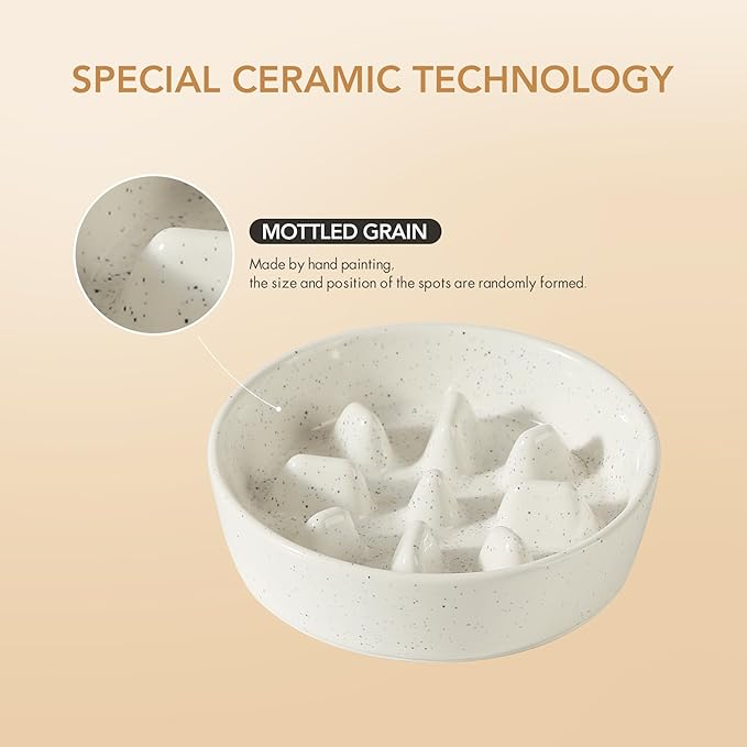 Ceramic 1.2 Cup Raised Slow Feeder Dog Bowl Set, Elevated 6.1inch Bowl and 7.3inch Slow Feeder Dish with Acacia Wood Stand for Small and Medium Dogs (2 x Vanilla White+ Stand)