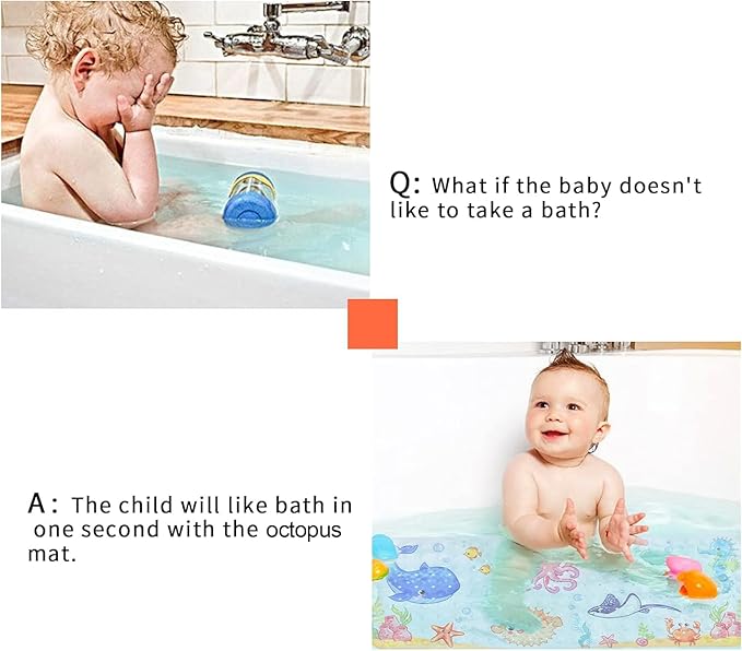 Bath Mat for Tub Non Slip, Machine Washable Anti-Slip Cartoon Baby Bathtub Shower Mat with Drain Holes and Suction Cups for Toddler & Kids, 40 Inch x 16 Inch-Rectangular, Pink Octopus