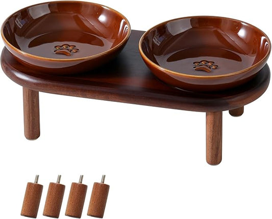 Elevated Ceramic Paw Print Cat Dish, Wide Whisker Friendly Anti-Slip Food & Water Bowl with 2 Heights Adjustable Acacia Wooden Stand for Cats (2 Dishes +Stand, Caramel Brown)