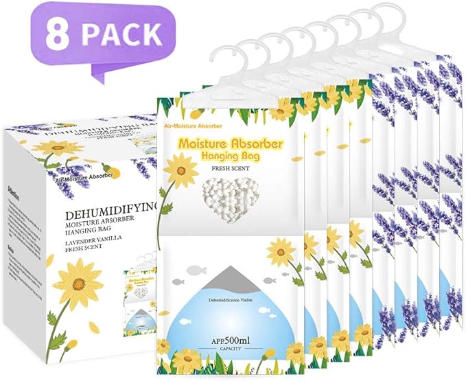 CANAGER Hanging Moisture Absorber, Fresh Scent and Lavender Vanilla Moistureproof Hanging Bag，Dehumidifier Bag (8 packs) Hanging Closet Dehumidifier Bags, Moisture Absorb 12.5 oz