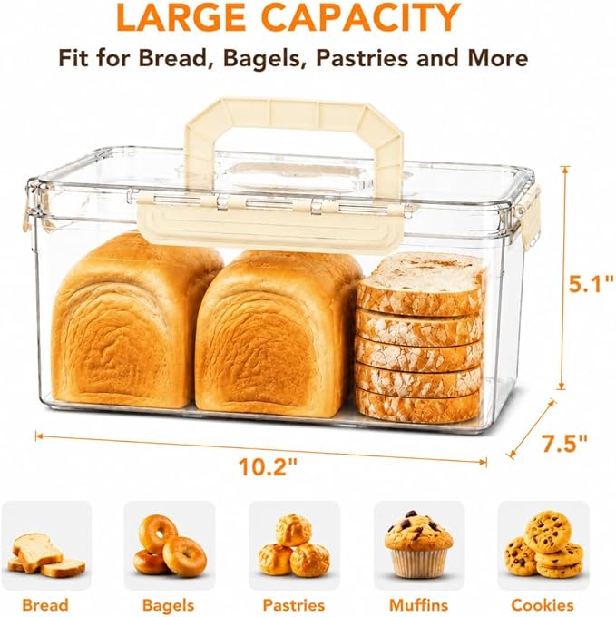 Bread Box with Ice Chilled Condiment Caddy, Portable Airtight Storage Container with Lid Handle for Kitchen Counter, Keeper for Homemade Bread, Toast, Bagel, Cookies, Beige