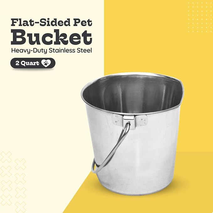 AASPIRE PETS 2 quart Stainless Steel Flat Side Bucket | 0.5 gal Durable Heavy Duty Food & Water Feeding Pails for Small Pet Birds Dog Cat | Fits kennel Cages Critter Crates Hanging Pail | Multipurpose