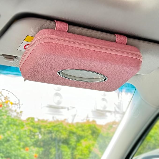 Car Tissue Holder, Sun Visor Tissue Holder, Zipper Car Visor Napkin Holder, PU Leather Backseat Tissue Case for Car,Vehicle (Pink)