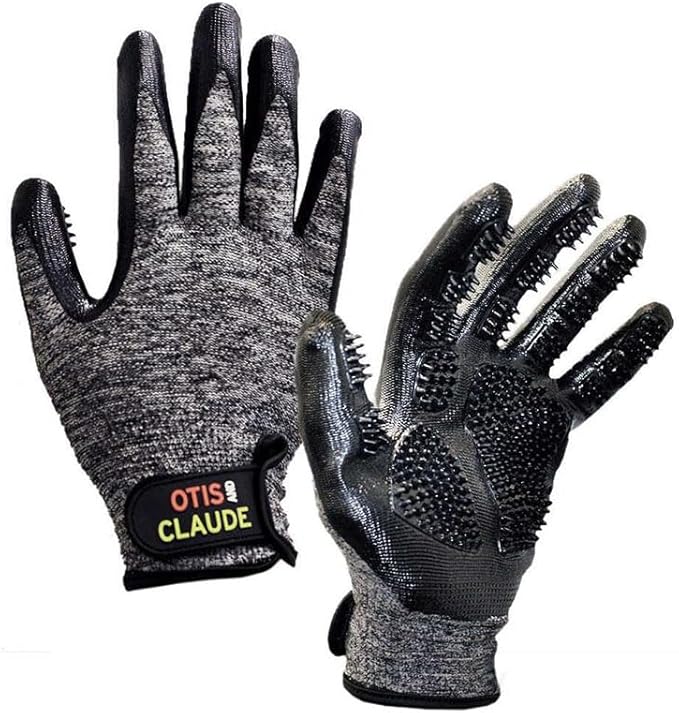 Otis and Claude Pet Grooming Gloves with Adjustable Strap - Gentle and Comfortable Hair Remover, Bathing, Massage, Brush - Left & Right - for Cats, Dogs & Horses