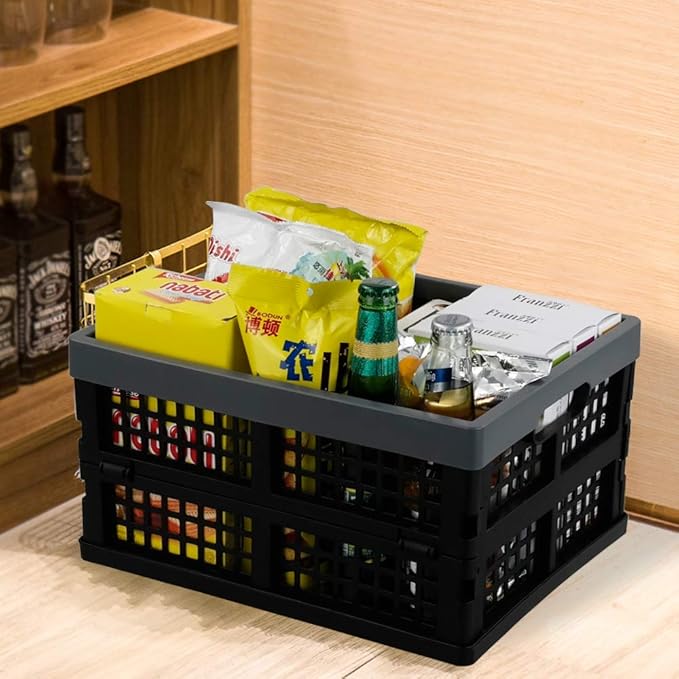 Rinboat 15 L Plastic Collapsible Crates, Stackable Folding Crates, 4 Packs