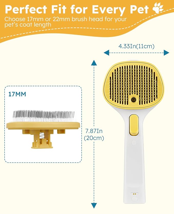 3-in-1 Anti-static Cat Steam Brush & Deshedding Tool - Cat Brush for Long/Short Hair, Reduces 95% Shedding, Easy Clean Grooming Supplies for Pet Owners (Yellow - Short Head)