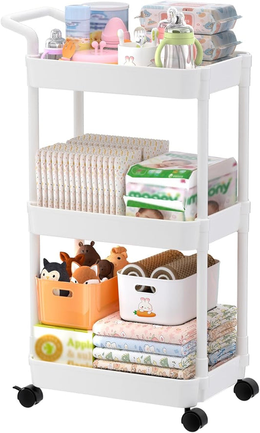 Volnamal Baby Diaper Caddy, Plastic Movable Cart for Newborn Nursery Essentials Diaper Storage Organizer for Changing Table & Crib, Easy to Assemble, Baby Registry, Off-White