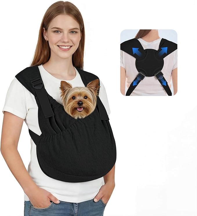 Supet Dog Sling Carrier, Hands Free Adjustable Puppy Pouch Carrier, Soft Wearable Pet Front Bag for Dachshund & Teacup Dogs, Anti-Anxiety Chest Carrier with Back Pain Relief (Black, Regular)