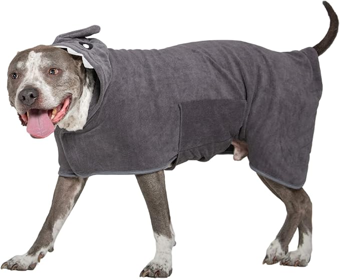 BoxDog Wearable Microfiber Dog Towel with Monster or Shark Hoodie | Soft Dog Bathrobe (Small, Grey Shark)