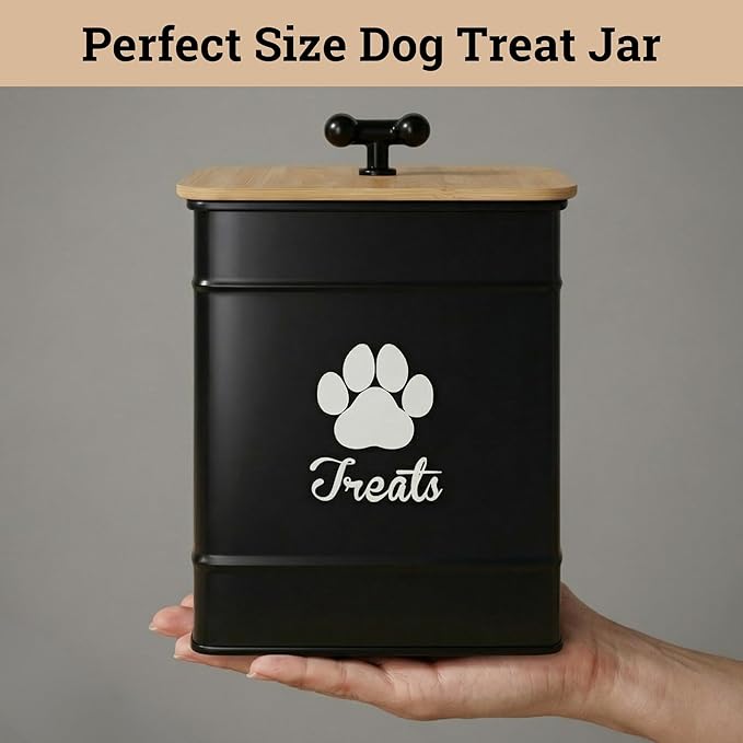 Dog Treat Container Airtight - 6 Inch Wide x 8 Inch Tall Iron Dog Treat Jar for Kitchen Counter with Airtight Bamboo Lid - 12 Cup Capacity Pet Treat Container - Doggie Cookie Jar - Big Treats Canister