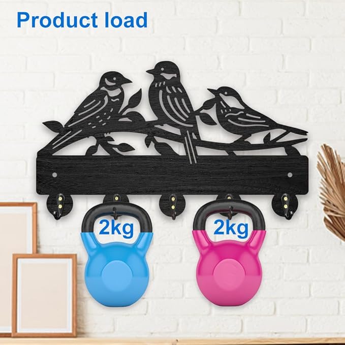 MAYJOYDIY Wooden Bird Branch Coat Hooks Wall Mount 11.8×6.8inch Tree Branch Key Holder for Wall Black Animal Garden Wall Art Decor Key Rack 5 Alloy Hooks for Gift Entryway Living Room Kitchen Office