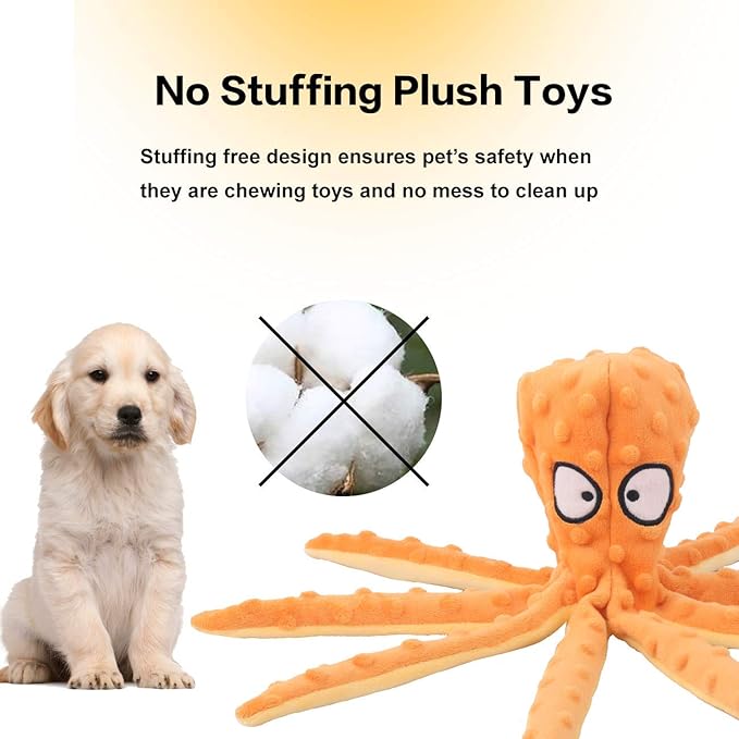 CPYOSN Octopus Squeaky Plush Dog Toys - No Stuffing, Crinkle, Durable for Puppy Teething, Small to Large Dogs, 2 Pack