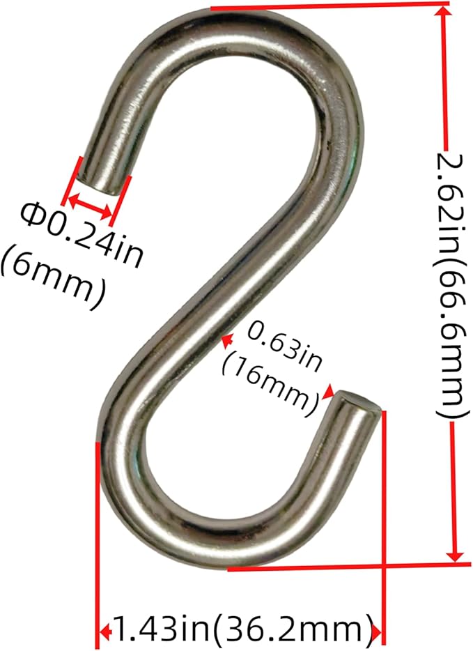 304 Stainless Steel S Hook, S Hook Metal Hanging Practical Hook Connecting Hook for Item Hanging (Dia:1/4in(6mm)-6PCS)