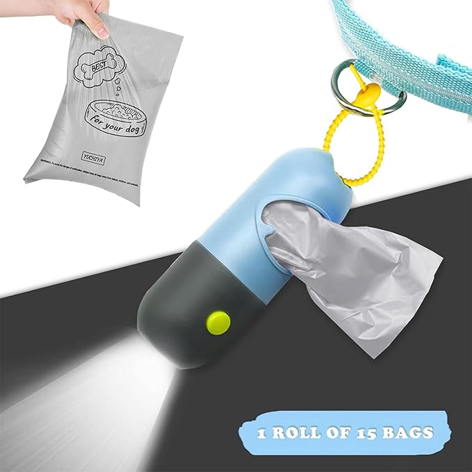 Dog Waste Bags Holder with LED Flashlight Doggie Poop Bags Dispenser with 13 Rolls Leak-Proof Pet Trash Bags Rechargable USB Cable(Sky Blue)