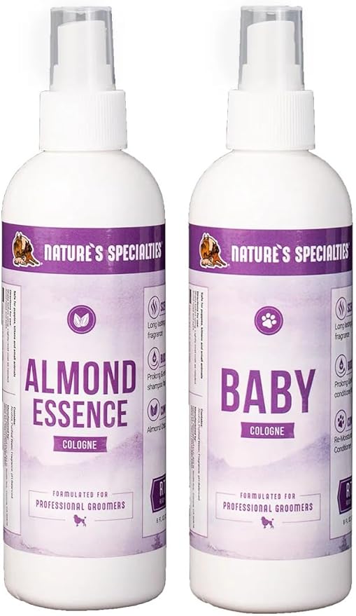 Nature's Specialties Dog Cologone 8 oz. Bundle - Almond Essence Cologne, Almond Scent, Ready to Use, Finishing Spray + Baby Cologne, Baby Powder Scent, Ready to Use, Finishing Spray