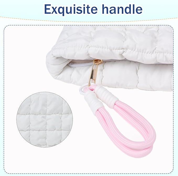 Puffy Quilted Makeup Bag Cosmetic Bag Equipped with a Detachable Handle Cute Zipper Pouch for Storage Clutch for Women(White)