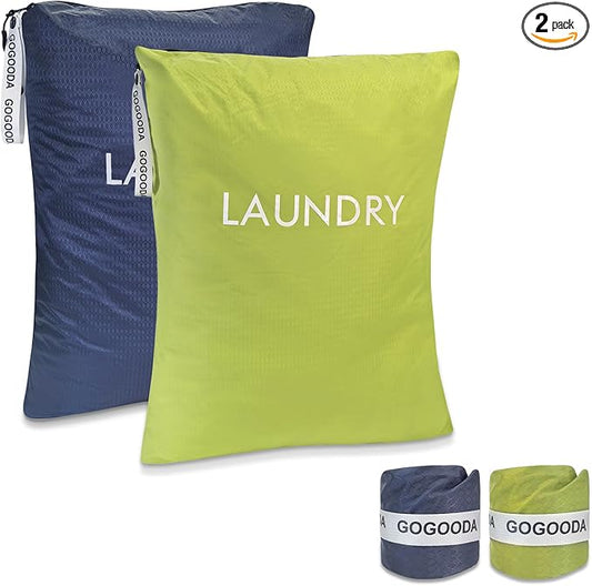 GOGOODA Travel Laundry Bags – Packable & Splash-Resistant Clothes Organizer with Handle | Lightweight, Foldable & Space-Saving for Suitcase, Gym, Beach & Business Trips (Navy Blue & Green)