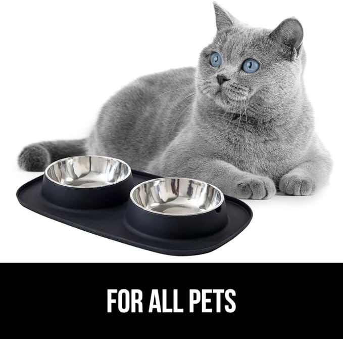 GORILLA GRIP Feeding Mat Set, 3 Cup, Patent Pending 100% Waterproof BPA Free Silicone, Stainless Steel Cat and Dog Bowls, Slip Resistant, High Edges Catch Water Food, US Designed Pet Accessories Black