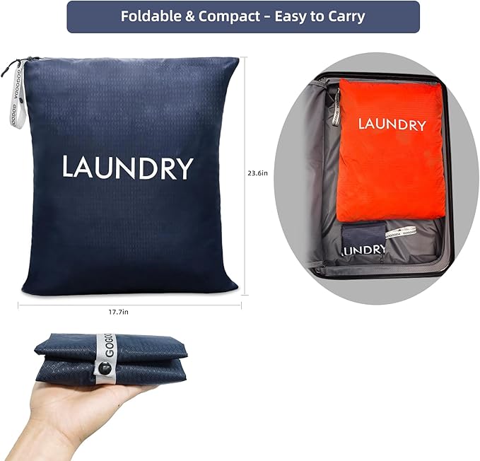 GOGOODA Travel Laundry Bags – Packable & Splash-Resistant Clothes Organizer with Handle | Lightweight, Foldable & Space-Saving for Suitcase, Gym, Beach & Business Trips (Navy Blue & Orange)