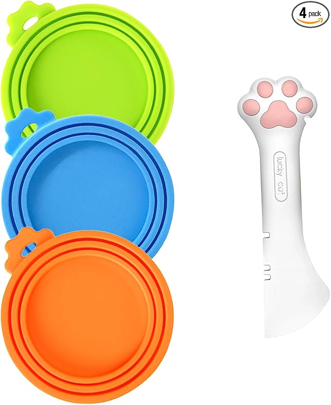 Cat Wet Food Spoon with Can Lids 3 oz, Multi-Function Cute Paw Shape Opener Spatula Cat Spoon Silicone Pet Covers (Universal Size,One fit 3 Standard Size Pet Cans) (Mixing colors 1)