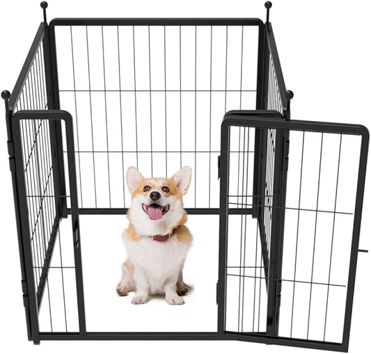 Dog Playpen 24 inch 4 Panels for Indoor & Outdoor Use – Heavy-Duty Metal Pet Fence with Ground Stakes, Rounded Ball Tops for Safety, Stable & Foldable Design, Easy to Assemble