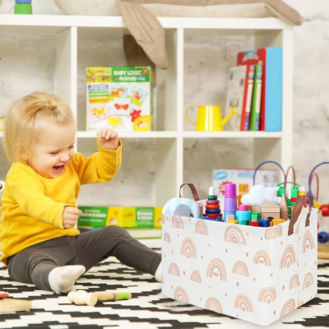 FXOCSHE Boho Rainbow Baskets Rectangular,girl basket,Waterproof foldable canvas laundry basket,Nursery hamper,Room Decor,Shelf Basket(Rainbows)