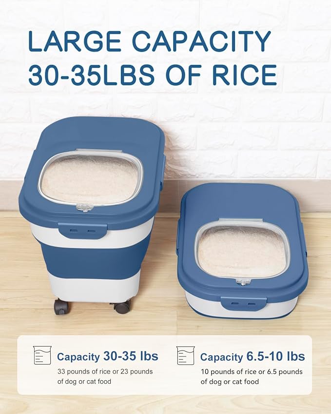 DDMOMMY 20-30 Lbs Rice Storage Container,Collapsible Food Storage Containers with Rolling Wheel Airtight Locking Lid,Flour Storage Container with Cup and Scoop,Suitable for Food,Rice,Pet Food,Flour
