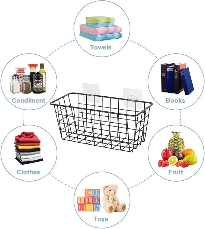 2 Pack Hanging Storage Basket, Bathroom Basket, Household Goods, with Traceless Tape, no Drilling, for Cabinet Storage, Kitchen, Bathroom, Storage Room,Black