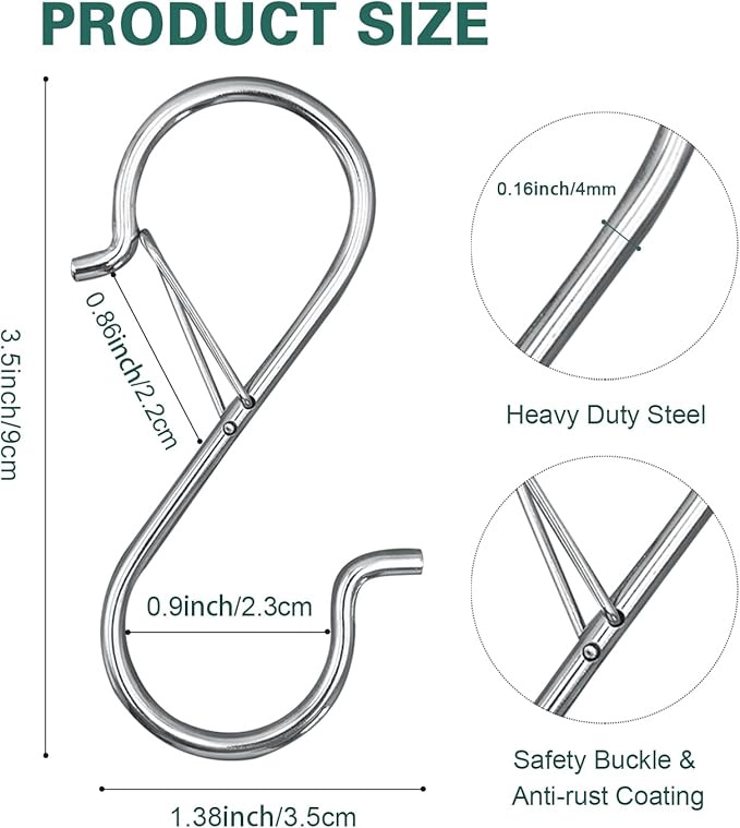 20PCS S Hooks for Hanging,3.5 Inch Heavy Duty Closet Hooks with Safety Buckle,Closet Hooks Hanging for Plants,Clothes,Kitchen Utensil,String Lights,Handbags,Belt, Hat, Cup, Tie (Silver)
