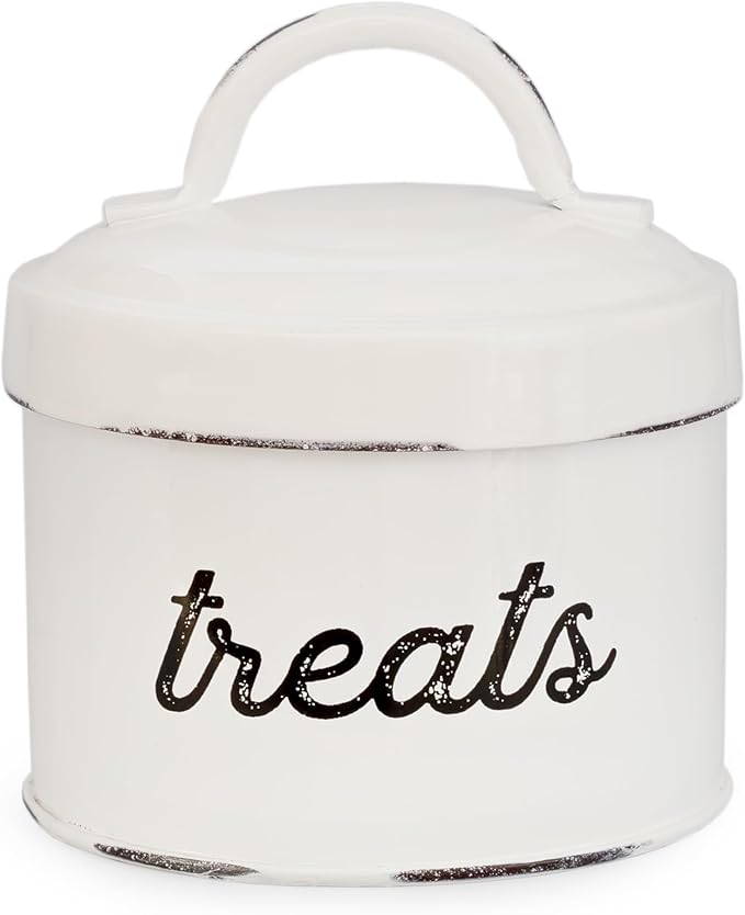 AuldHome Enamelware Cat Treat Container, Small White Rustic Pet Treats Jar