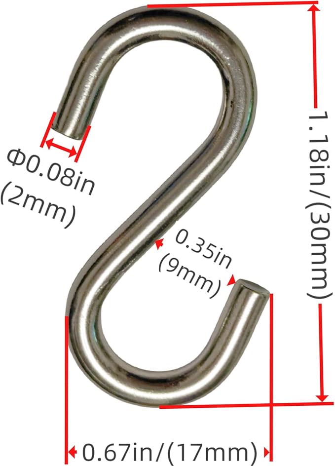 304 Stainless Steel S Hook, S Hook Metal Hanging Practical Hook Connecting Hook for Item Hanging (Dia:2/25in(2mm)-50PCS)