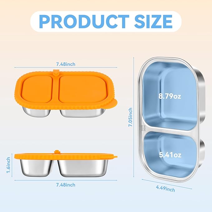 6 Pack Stainless Steel Snack Containers with Silicone Lids, Reusable Stainless Steel Food Containers Snack Box, 2 Compartment Meal Prep Containers for Lunch, Leakproof, Dishwasher Safe