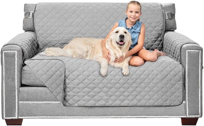 Sofa Shield Loveseat Slip Cover with Patented Strap, Cushion Protector, US Designed Reversible Stain and Dog Tear Resistant Slipcover, 54 inch Seat, Washable Covers for Dogs Pets, Light Gray