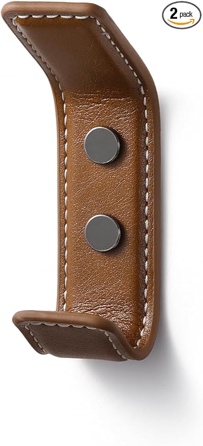 2 Pack Brown Leather Coat 2 Hooks Wall for Hanging Rectangle Coat Hooks for Hanging Robe Towels Bags Hats Scarf Keys Clothes Suitable for Bedroom, Entryway and Closet