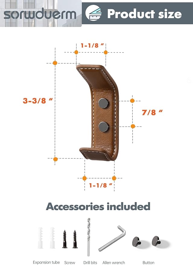 4 Pack Brown Leather Coat 2 Hooks Wall for Hanging Rectangle Coat Hooks for Hanging Robe Towels Bags Hats Scarf Keys Clothes Suitable for Bedroom, Entryway and Closet