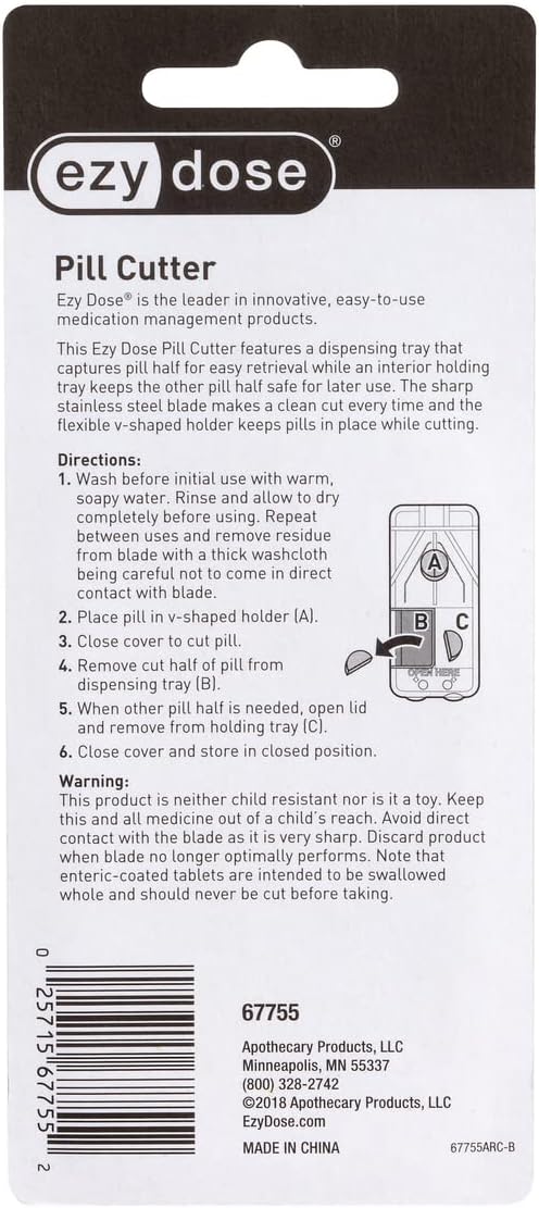 Ezy Dose Pill Cutter and Splitter with Built-in Pill Dispenser, Easy-Cut Stainless Steel Blade for Tablets, Vitamins, Medication, Portable, Travel-Size Pill Cutter for Seniors, Pets, Color May Vary