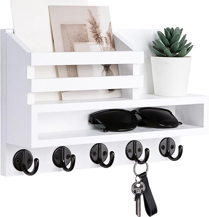 Lucundm Key and Mail Holder Wall Mount, Key Hanger with Long Storage Box and 5 Hooks for Coat, Dog Leash, Home Decor Rack, House Accessories, Entry Way Organizer 11.8”W x 7.8”H x 3.2”D