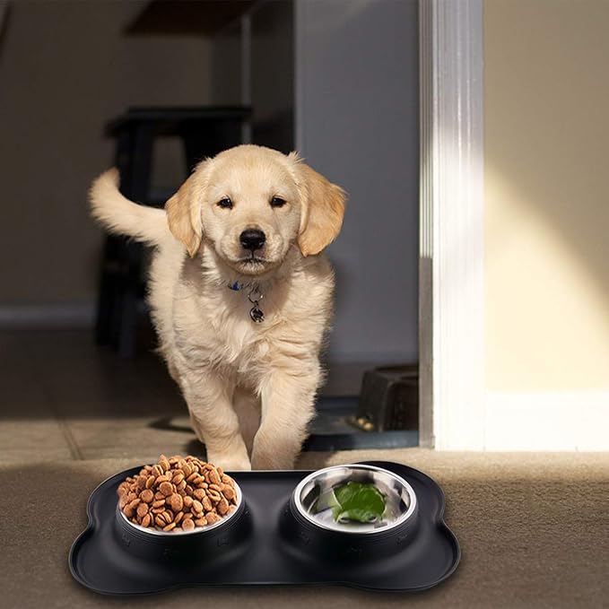 Dog Bowls with Mat, Cat Water Food Bowl Set (13.5oz Each) in No Spill Silicone Mat, Dual Pet Feeder Bowl for Puppy, Cats, Small Medium Dogs (Bone Shape, Black)