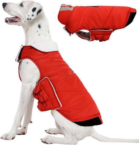 Kuoser Dog Winter Coat Cold Weather Reflective Waterproof Dogs Jacket, Warm Fleece Lined Turtleneck Doggy Vest with Zipper, Dog Snow Jacket Pet Apparel for Small Medium Large Dogs, Red XL