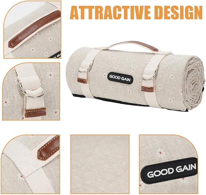 G GOOD GAIN Picnic Blankets Waterproof Extra Large - Outdoor Blanket Sand Free Foldable with Carry Strap for Beach, Camping, Park Grass, Hiking, Travel, Concerts(White Flower)