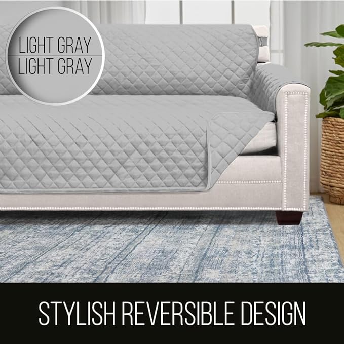 Sofa Shield Couch Slip Cover with Patented Strap, Cushion Protector, US Designed Reversible Stain and Dog Tear Resistant Slipcover, 70 inch Seat, Washable Covers for Dogs Pets, Light Gray